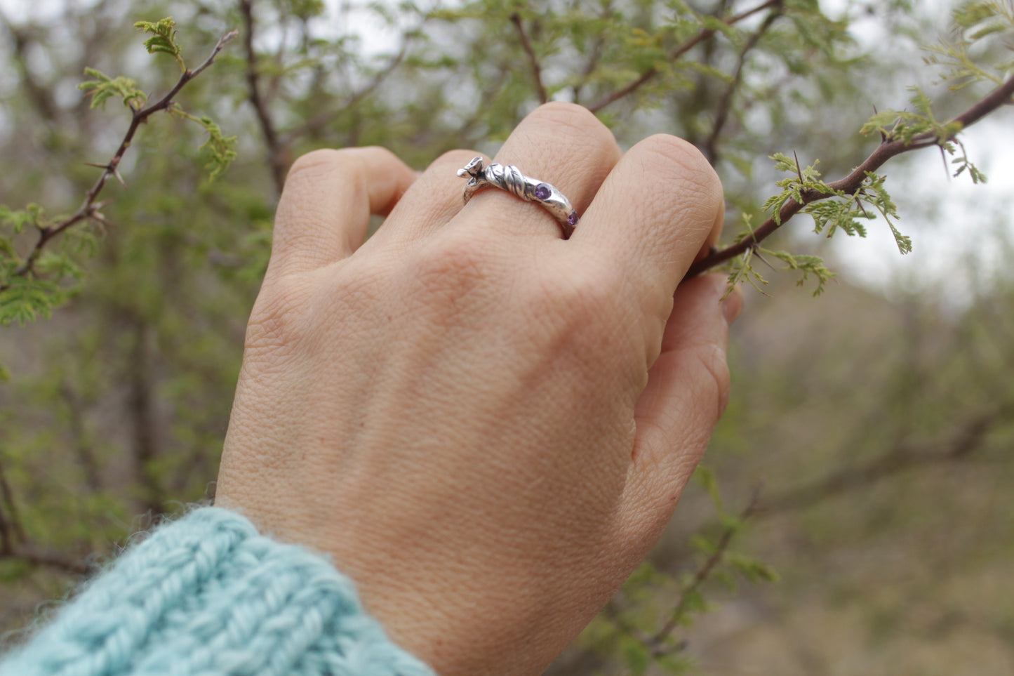 Anillo de Plata 950 Rama, Flor y Circones | Joyería Inspirada en la Naturaleza